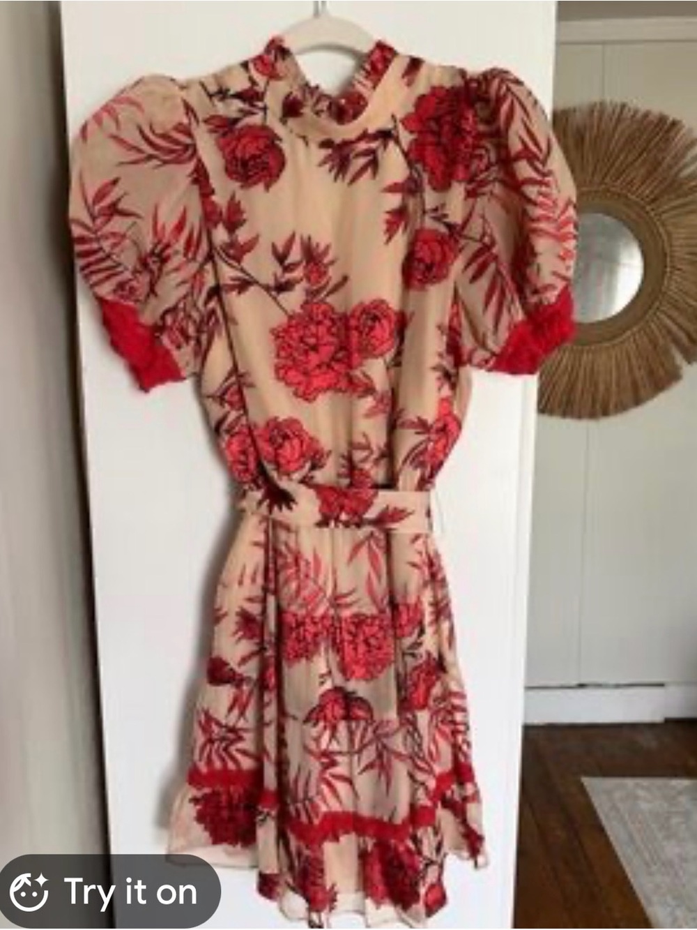 Alice + Olivia Cream Dress with Red Floral Print and Puff Sleeves New